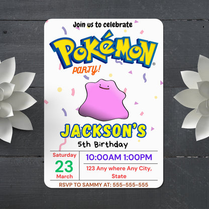 Ditto Birthday Invitation Template | Pokemon Invite - CreativeRino