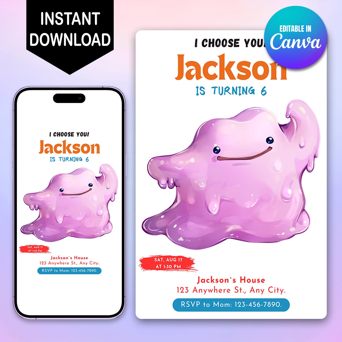 Ditto Birthday Party Invitation Template | Pokemon Invite - CreativeRino