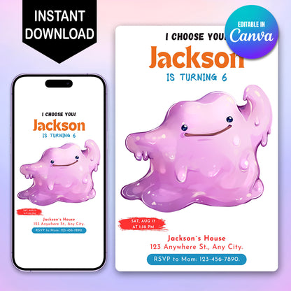 Ditto Birthday Party Invitation Template | Pokemon Invite - CreativeRino