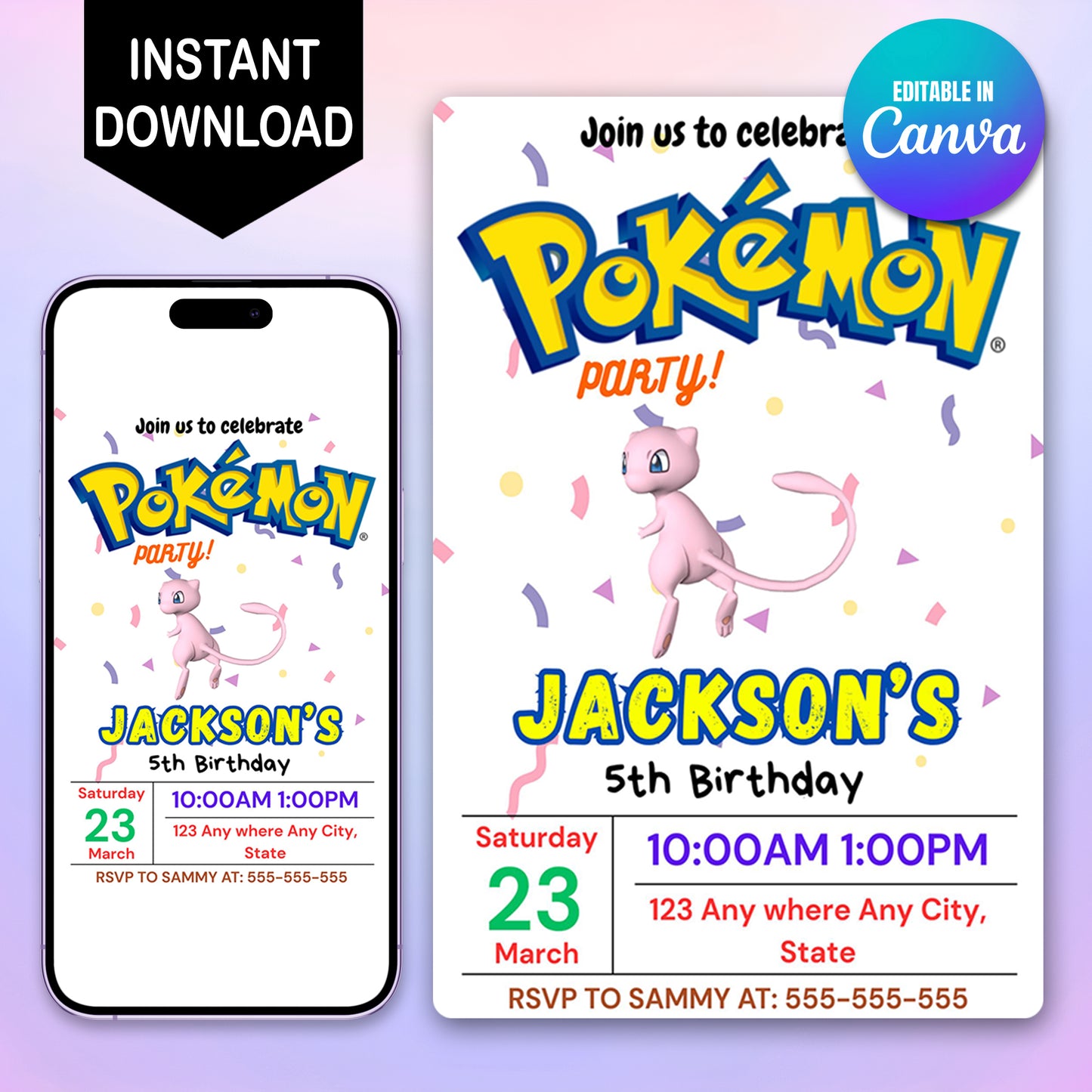 Mew Birthday Invitation Template | Pokemon Invite - CreativeRino