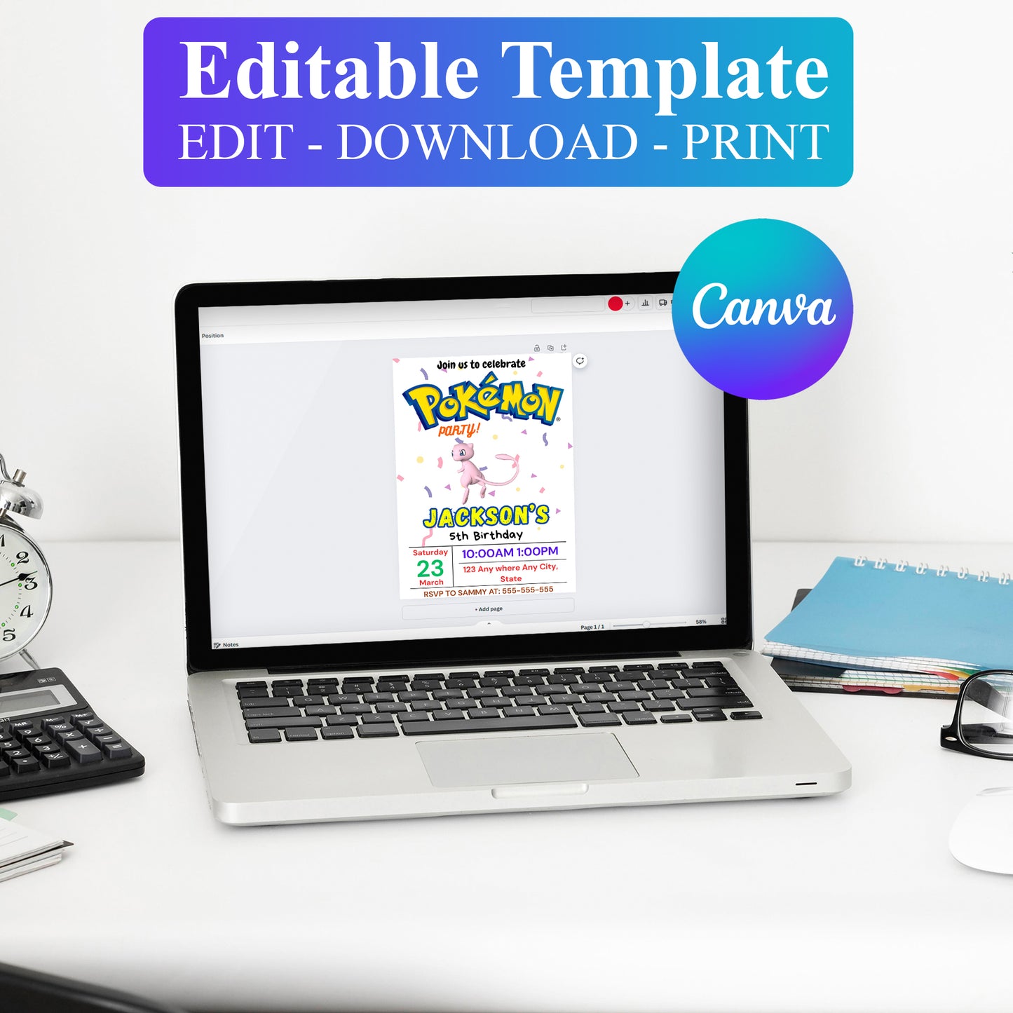 Mew Birthday Invitation Template | Pokemon Invite - CreativeRino