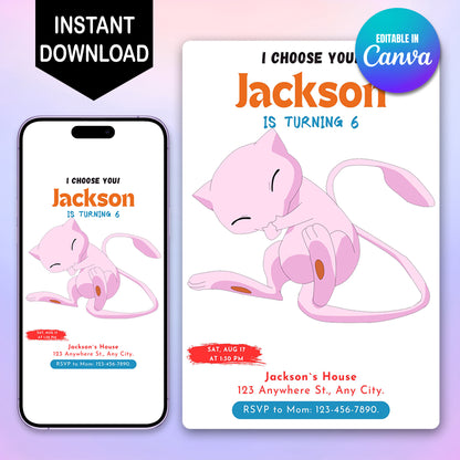 Mew Birthday Party Invitation Template | Pokemon Invite - CreativeRino