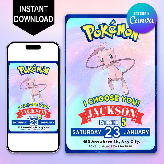 Mew Invitation Template | Pokemon Birthday Invite - CreativeRino