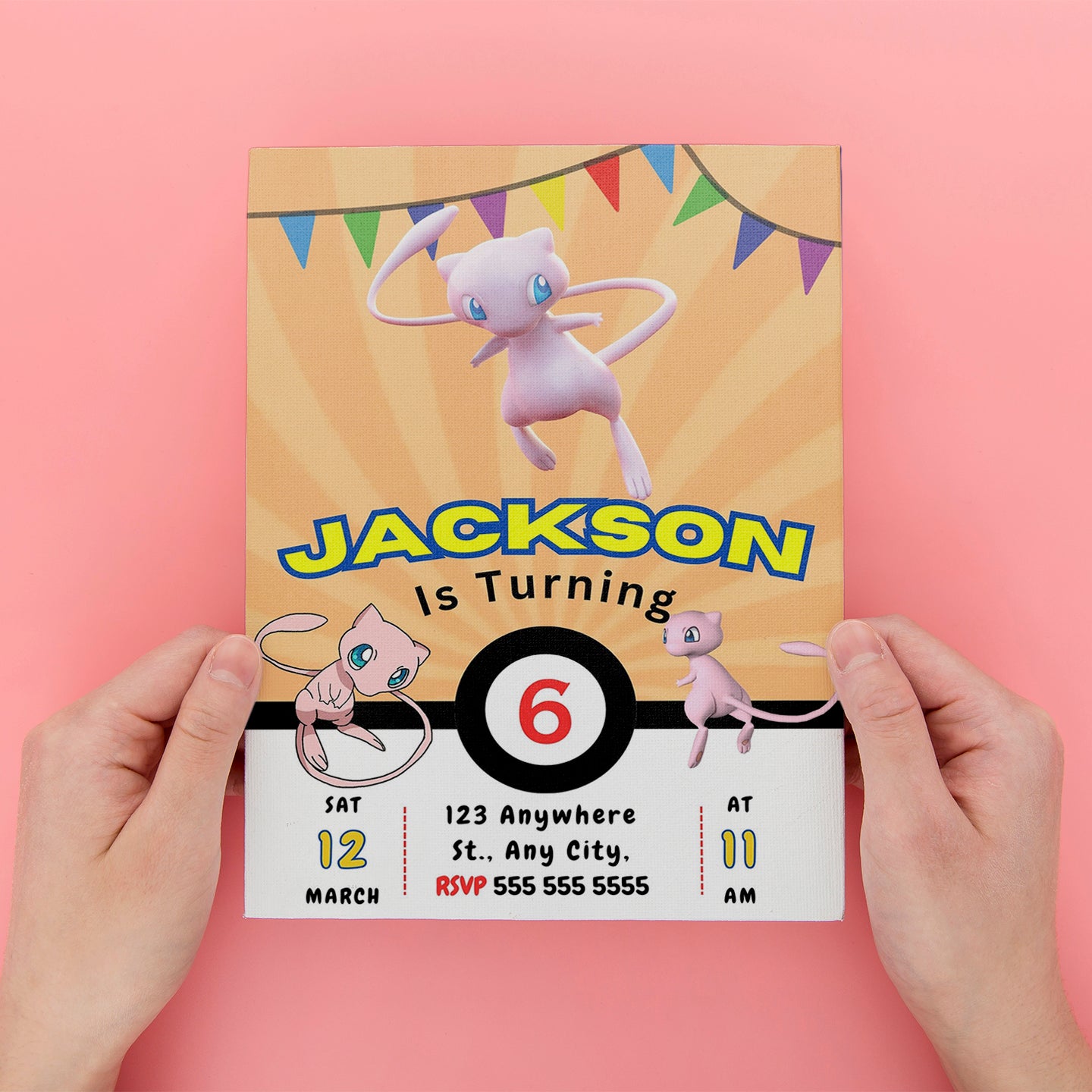 Mew Pokemon Birthday Party Invitation Template - CreativeRino