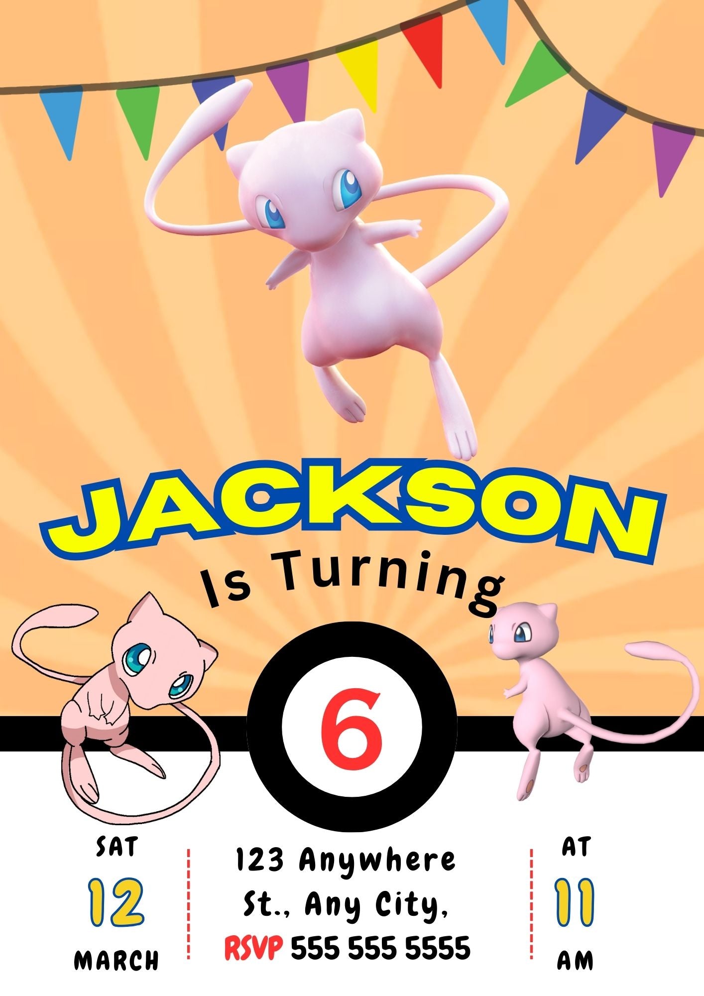 Mew Pokemon Birthday Party Invitation Template - CreativeRino