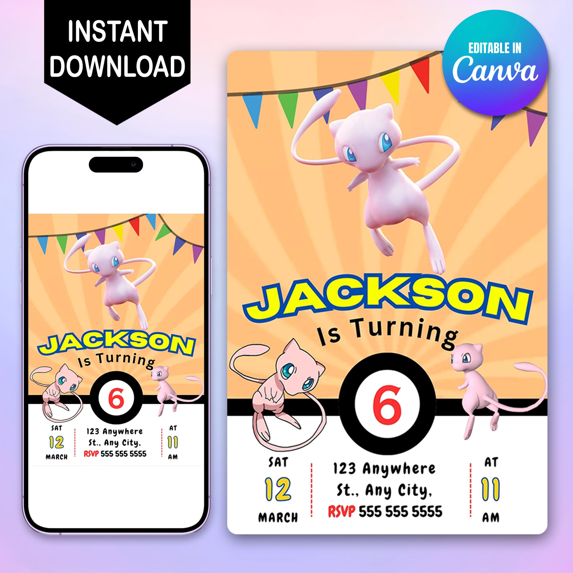 Mew Pokemon Birthday Party Invitation Template - CreativeRino