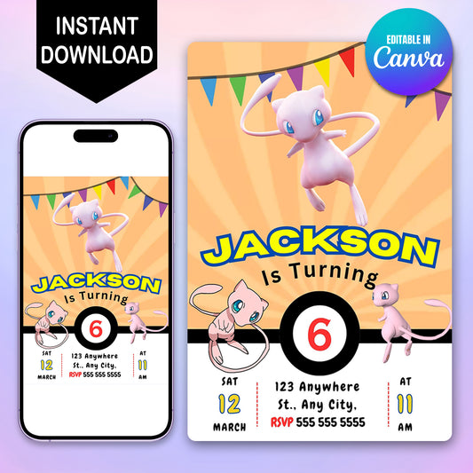 Mew Pokemon Birthday Party Invitation Template - CreativeRino
