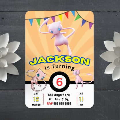 Mew Pokemon Birthday Party Invitation Template - CreativeRino