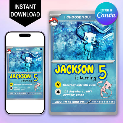 Mew Invitation Template | Pokemon Card Birthday Invite - CreativeRino