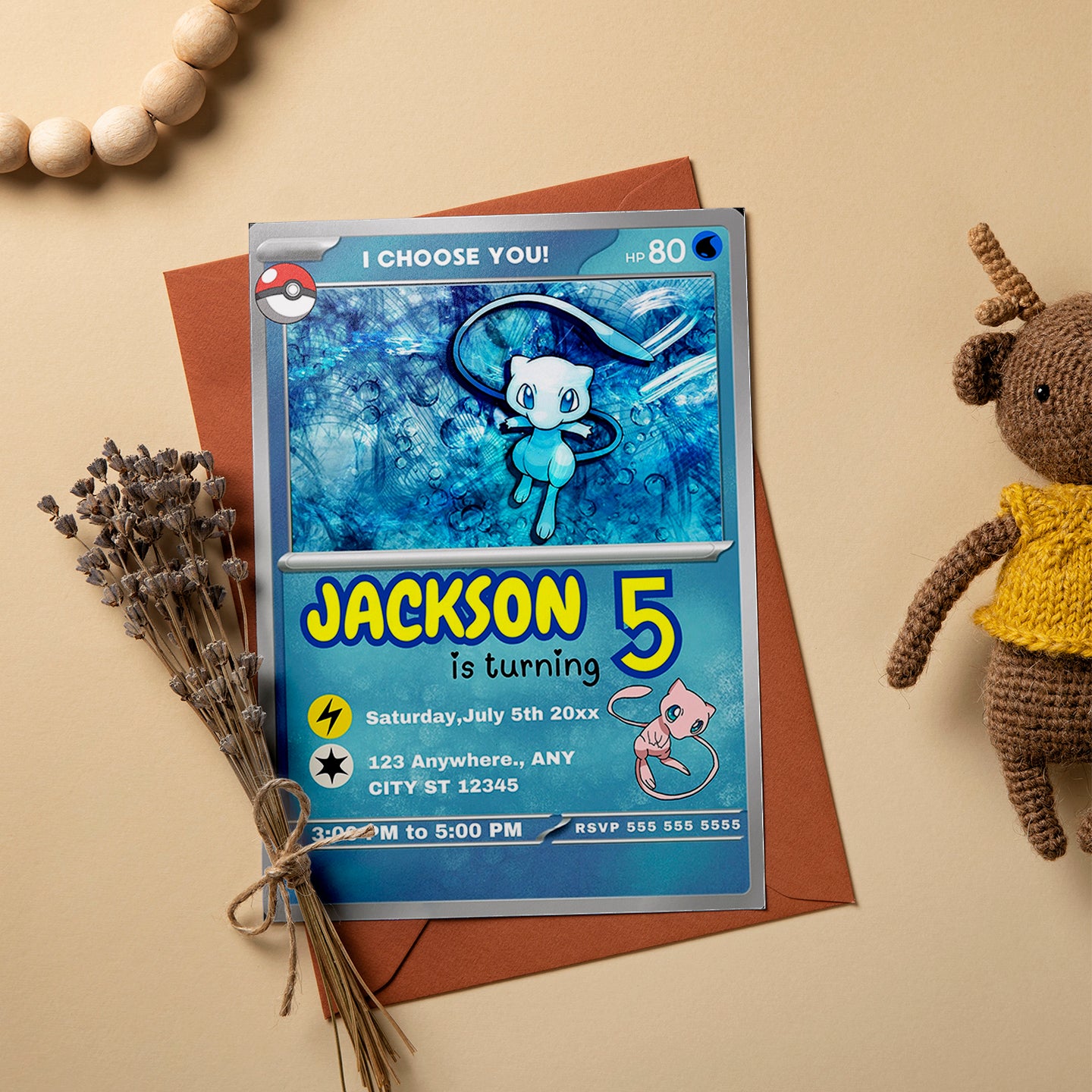 Mew Invitation Template | Pokemon Card Birthday Invite - CreativeRino