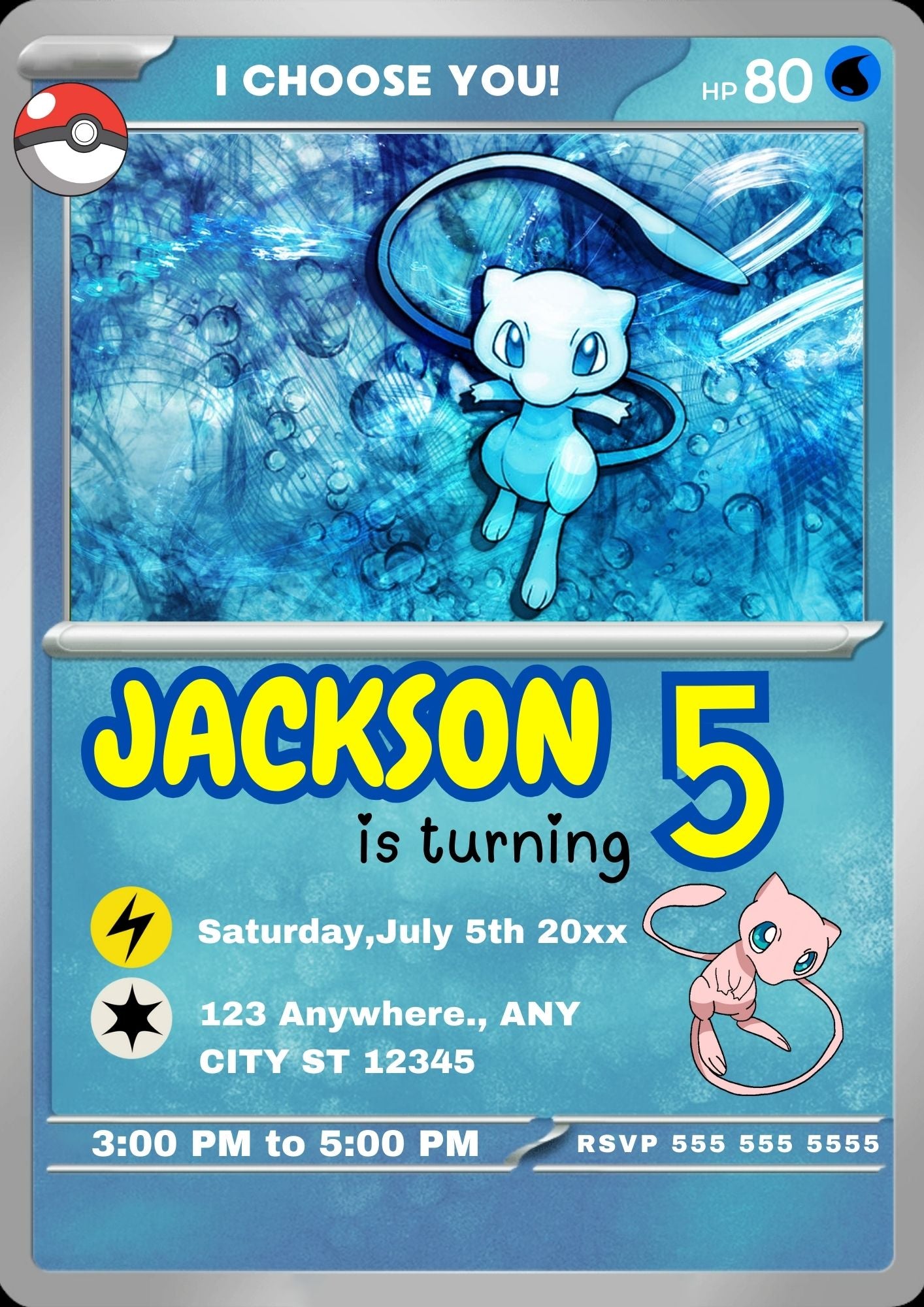 Mew Invitation Template | Pokemon Card Birthday Invite - CreativeRino