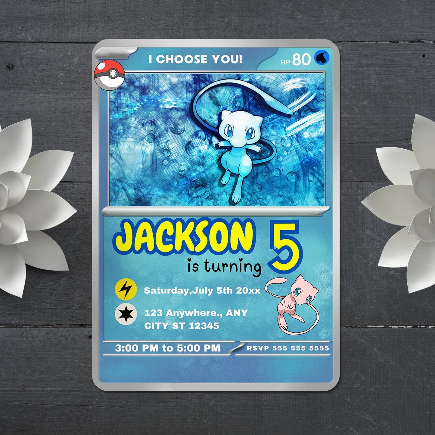 Mew Invitation Template | Pokemon Card Birthday Invite - CreativeRino