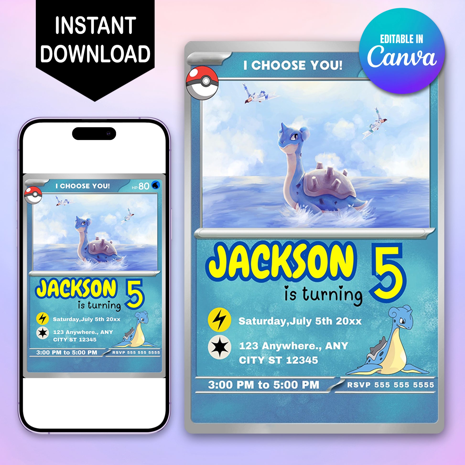 Lapras Invitation Template | Pokemon Card Birthday Invite - CreativeRino