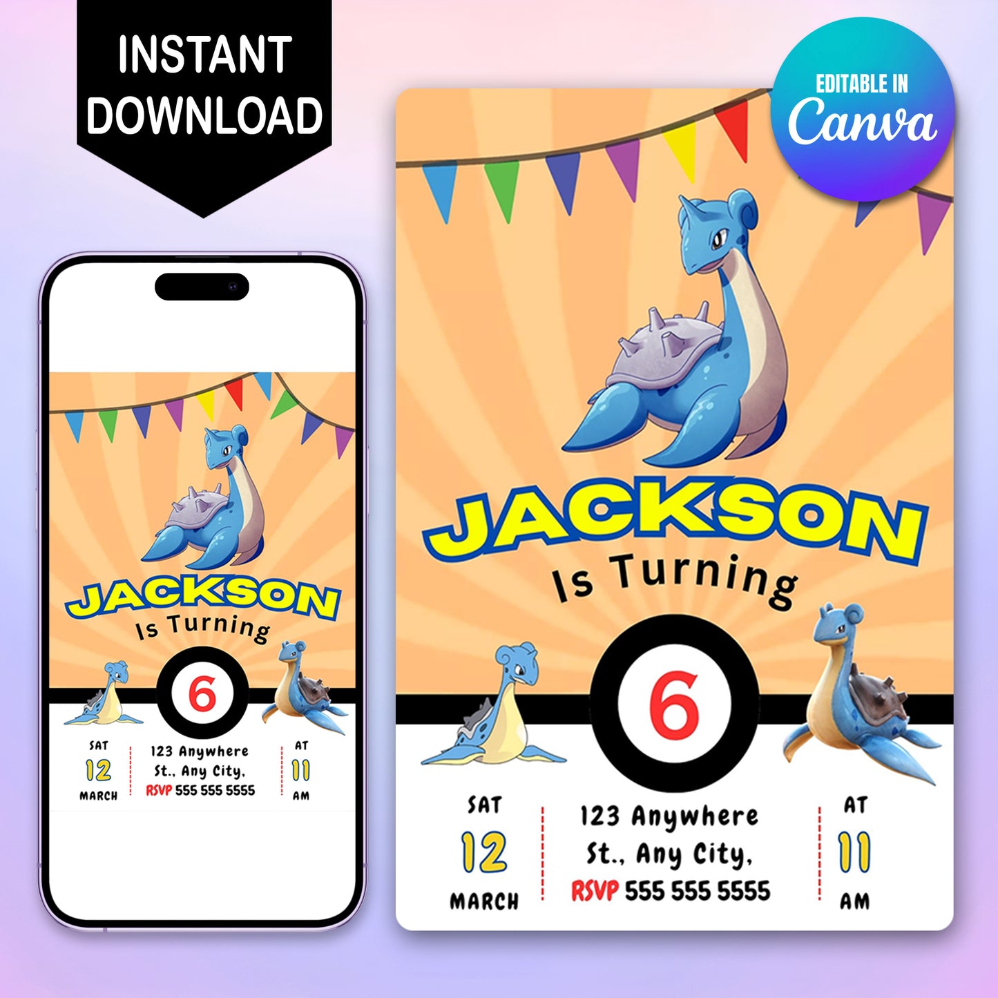 Lapras Pokemon Birthday Party Invitation Template - CreativeRino