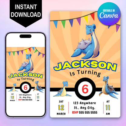 Lapras Pokemon Birthday Party Invitation Template - CreativeRino