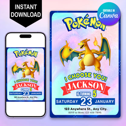Charizard Invitation Template | Pokemon Birthday Invite - CreativeRino