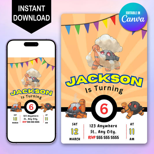 Torkoal Pokemon Birthday Party Invitation Template - CreativeRino