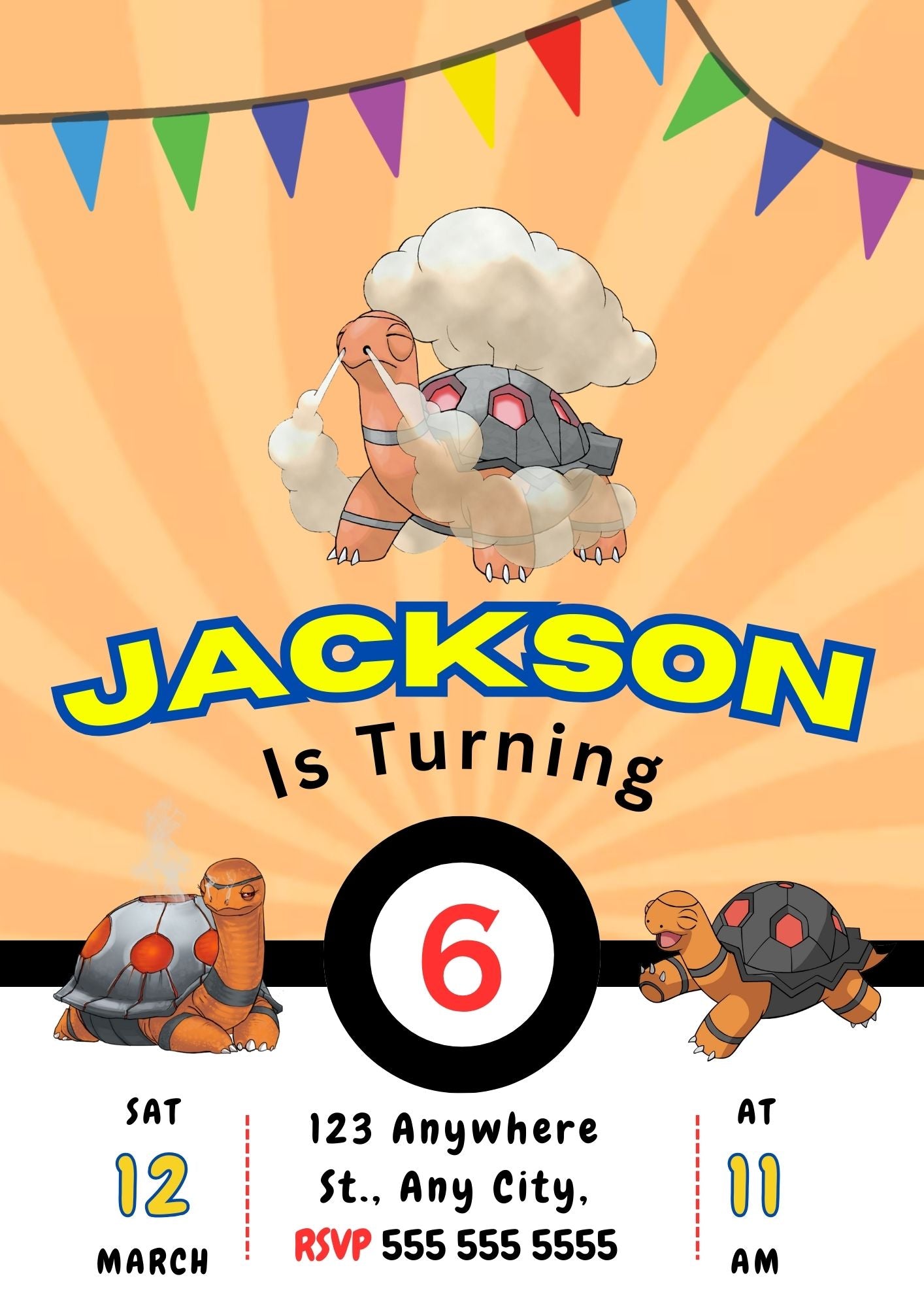 Torkoal Pokemon Birthday Party Invitation Template - CreativeRino