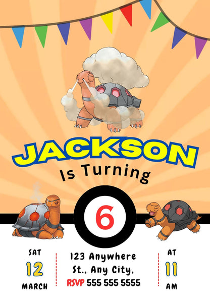 Torkoal Pokemon Birthday Party Invitation Template - CreativeRino