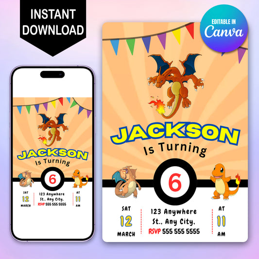 Charizard Pokemon Birthday Party Invitation Template - CreativeRino