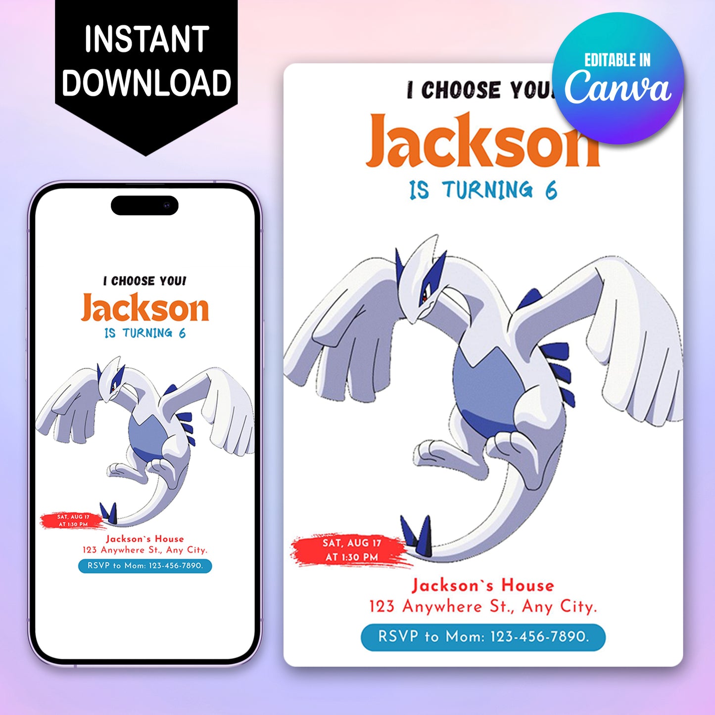 Lugia Birthday Party Invitation Template | Pokemon Invite - CreativeRino