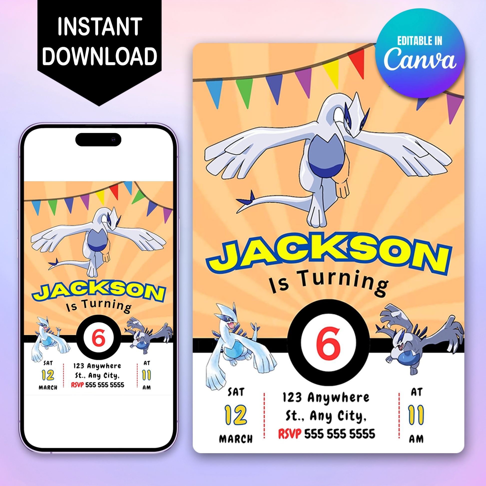 Lugia Pokemon Birthday Party Invitation Template - CreativeRino