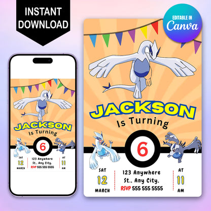 Lugia Pokemon Birthday Party Invitation Template - CreativeRino