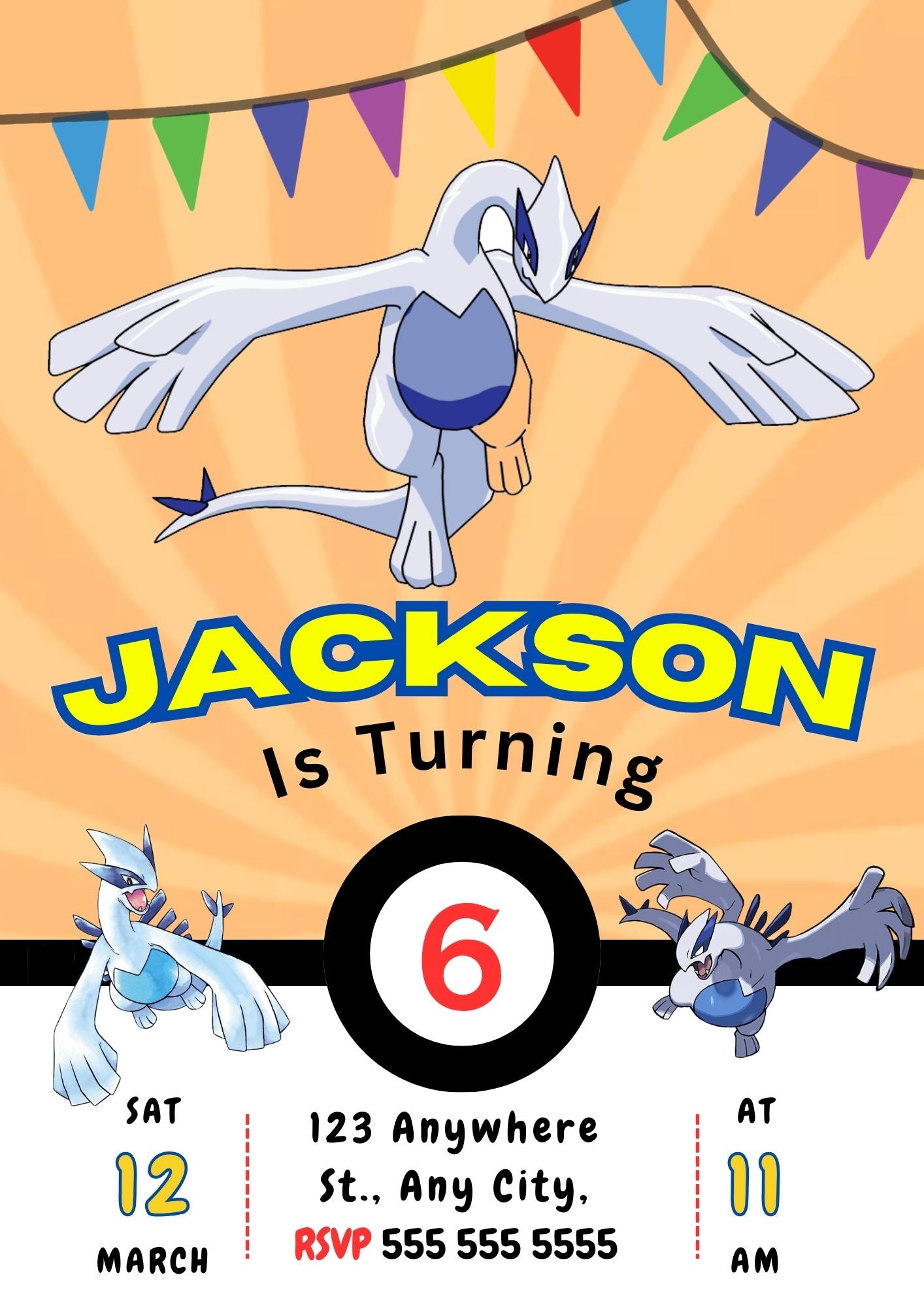 Lugia Pokemon Birthday Party Invitation Template - CreativeRino