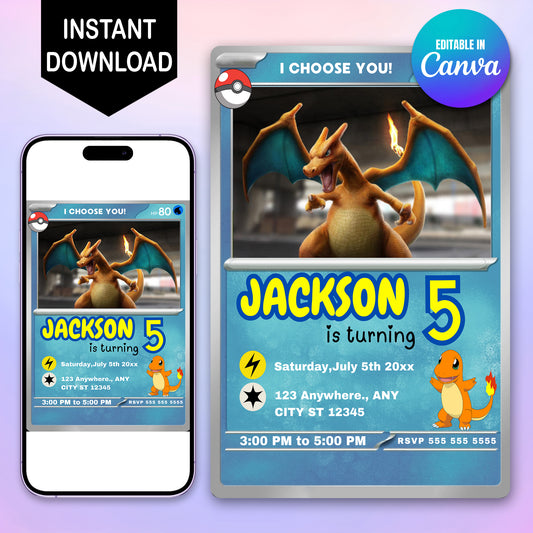 Charizard Pokemon Invitation Template | Pikachu Card Birthday Invite - CreativeRino