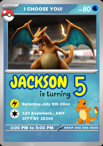 Charizard Pokemon Invitation Template | Pikachu Card Birthday Invite - CreativeRino