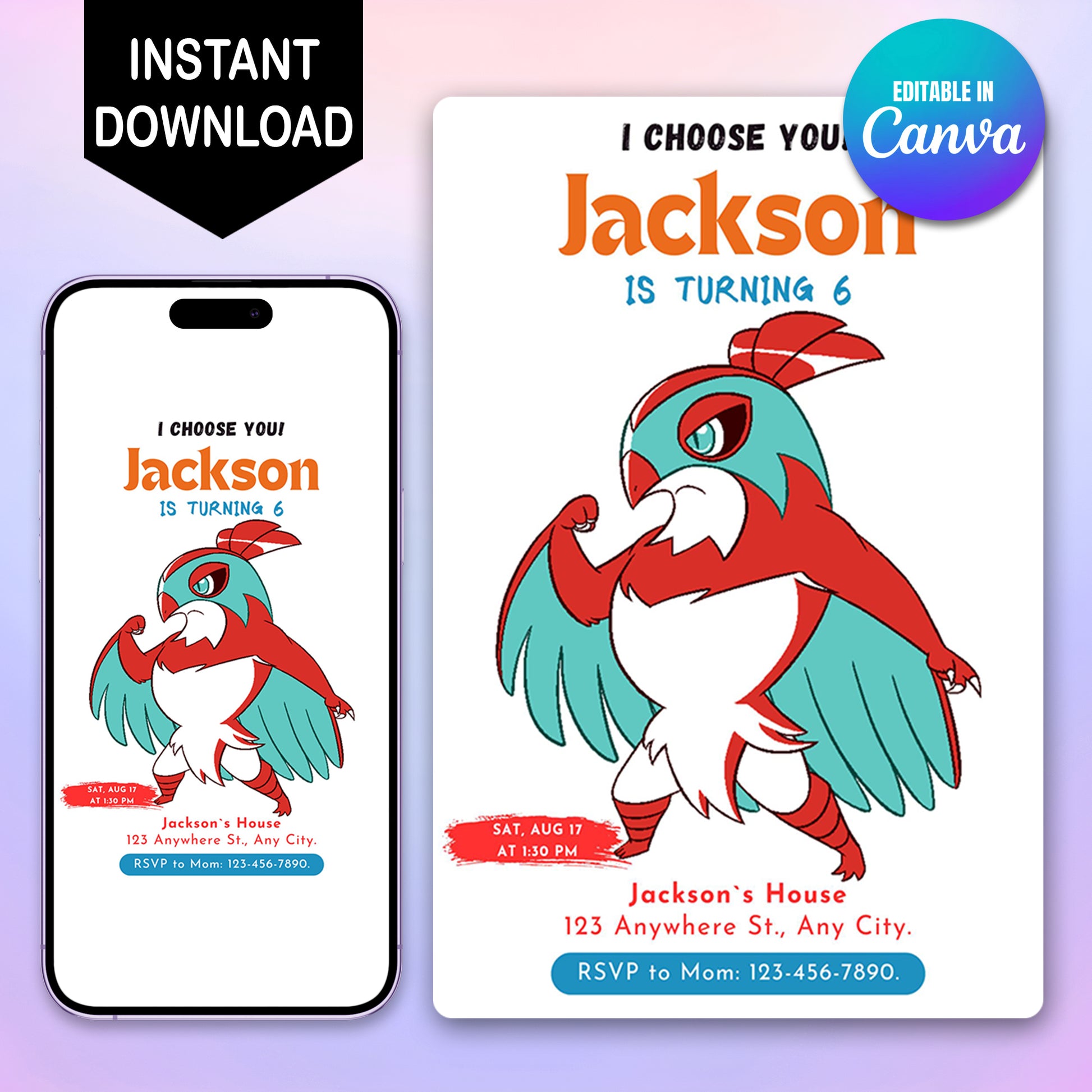 Hawlucha Birthday Party Invitation Template | Pokemon Invite - CreativeRino
