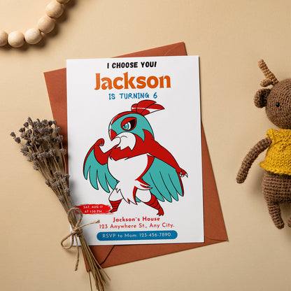 Hawlucha Birthday Party Invitation Template | Pokemon Invite - CreativeRino