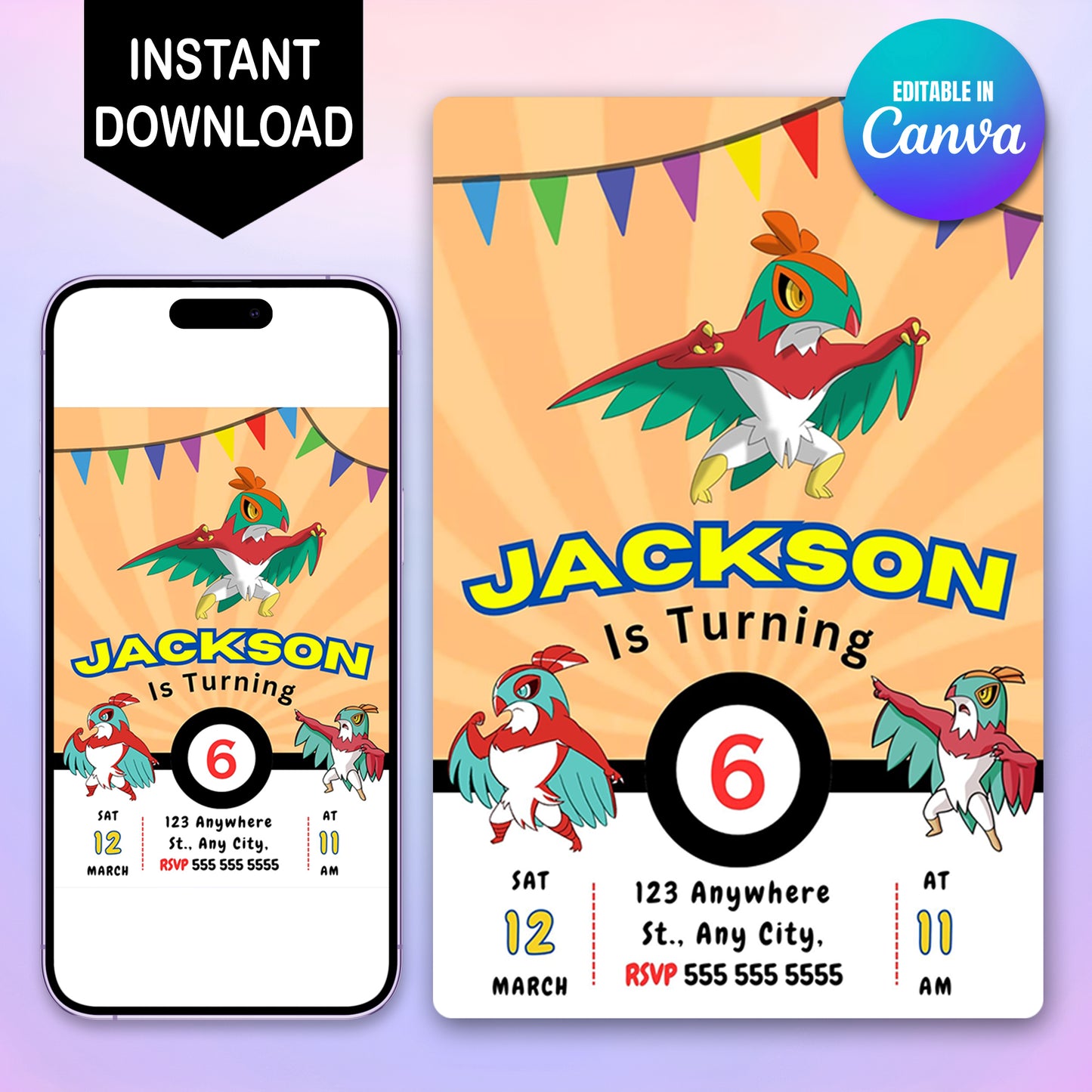 Hawlucha Pokemon Birthday Party Invitation Template - CreativeRino