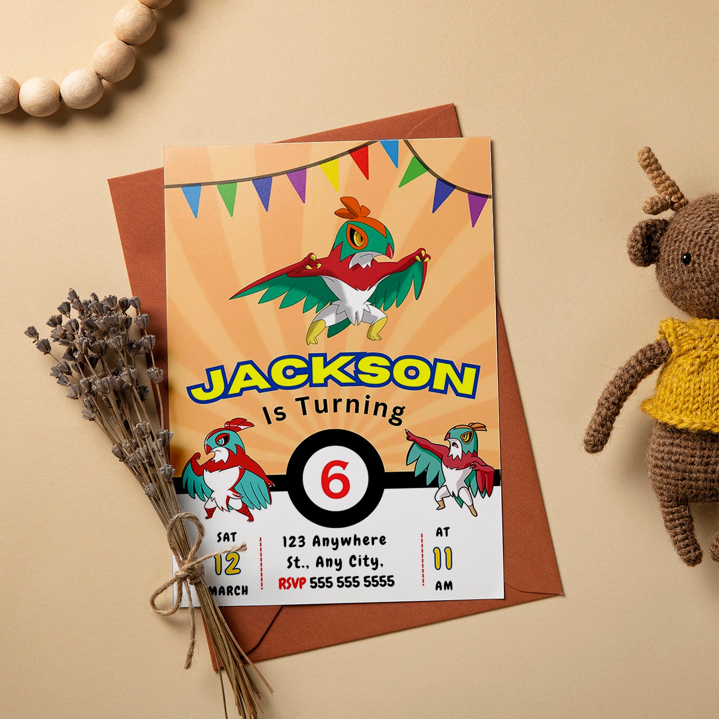 Hawlucha Pokemon Birthday Party Invitation Template - CreativeRino