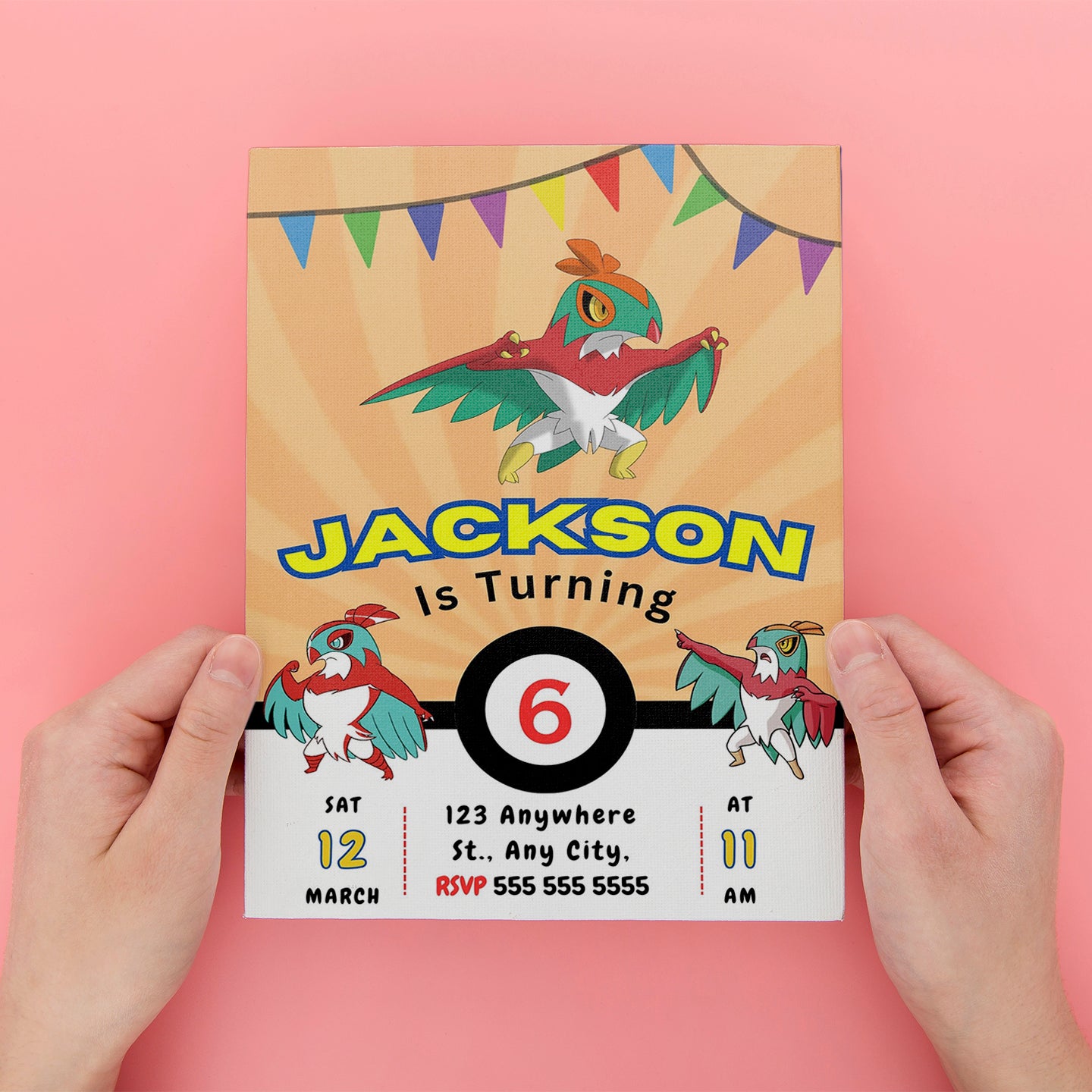 Hawlucha Pokemon Birthday Party Invitation Template - CreativeRino