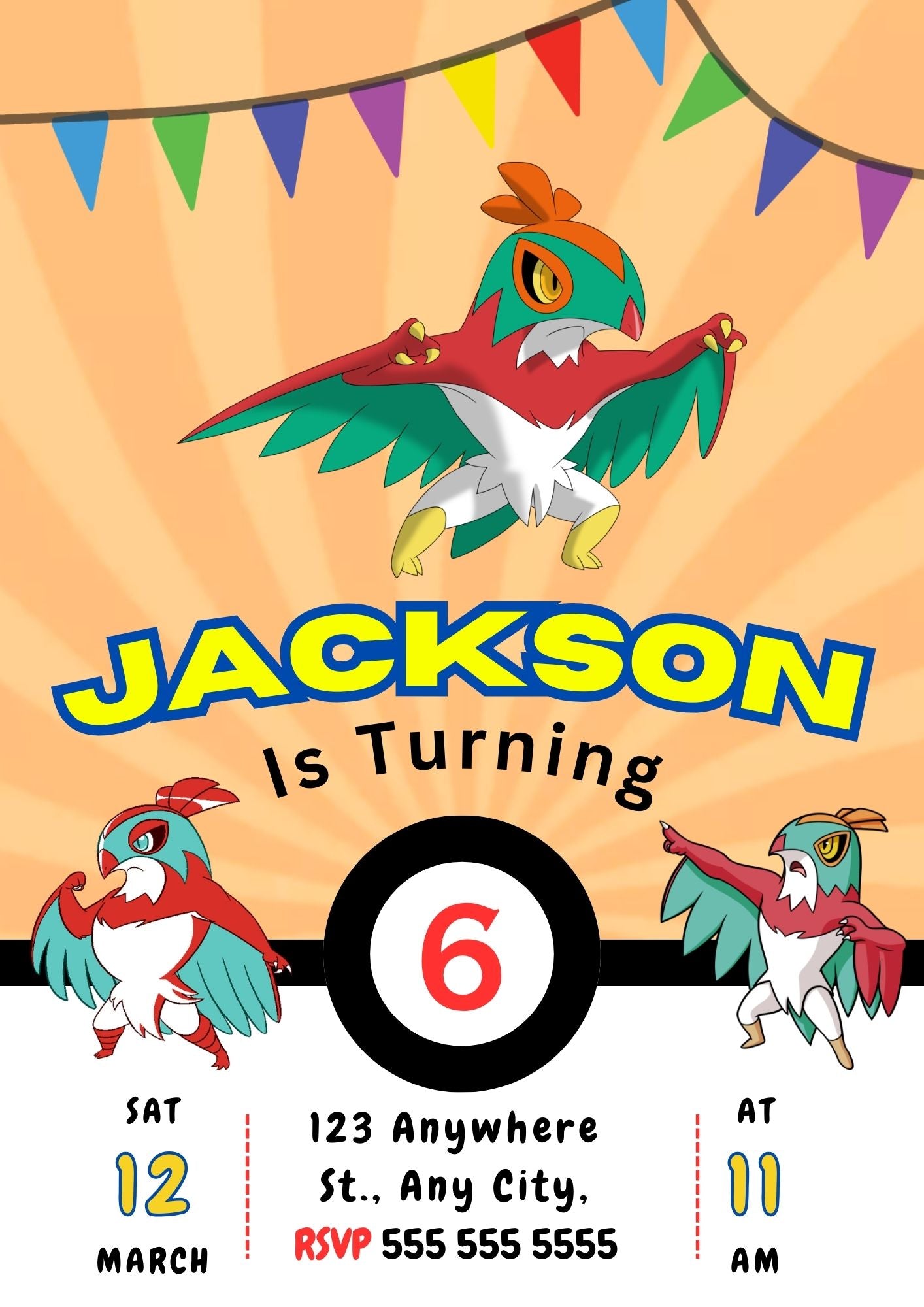 Hawlucha Pokemon Birthday Party Invitation Template - CreativeRino