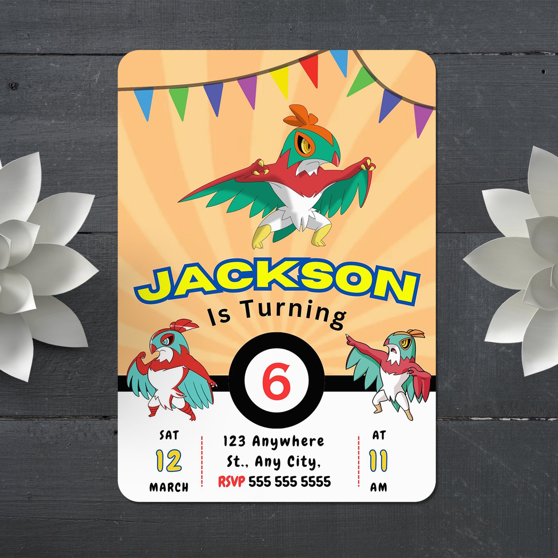 Hawlucha Pokemon Birthday Party Invitation Template - CreativeRino