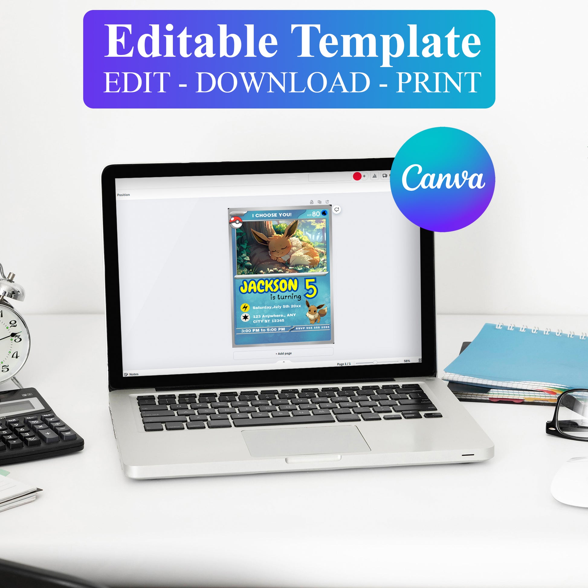 Eevee Invitation Template | Pokemon Card Birthday Invite - CreativeRino