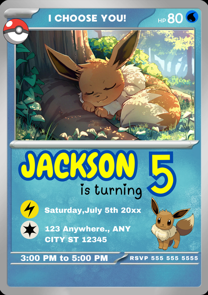 Eevee Invitation Template | Pokemon Card Birthday Invite - CreativeRino