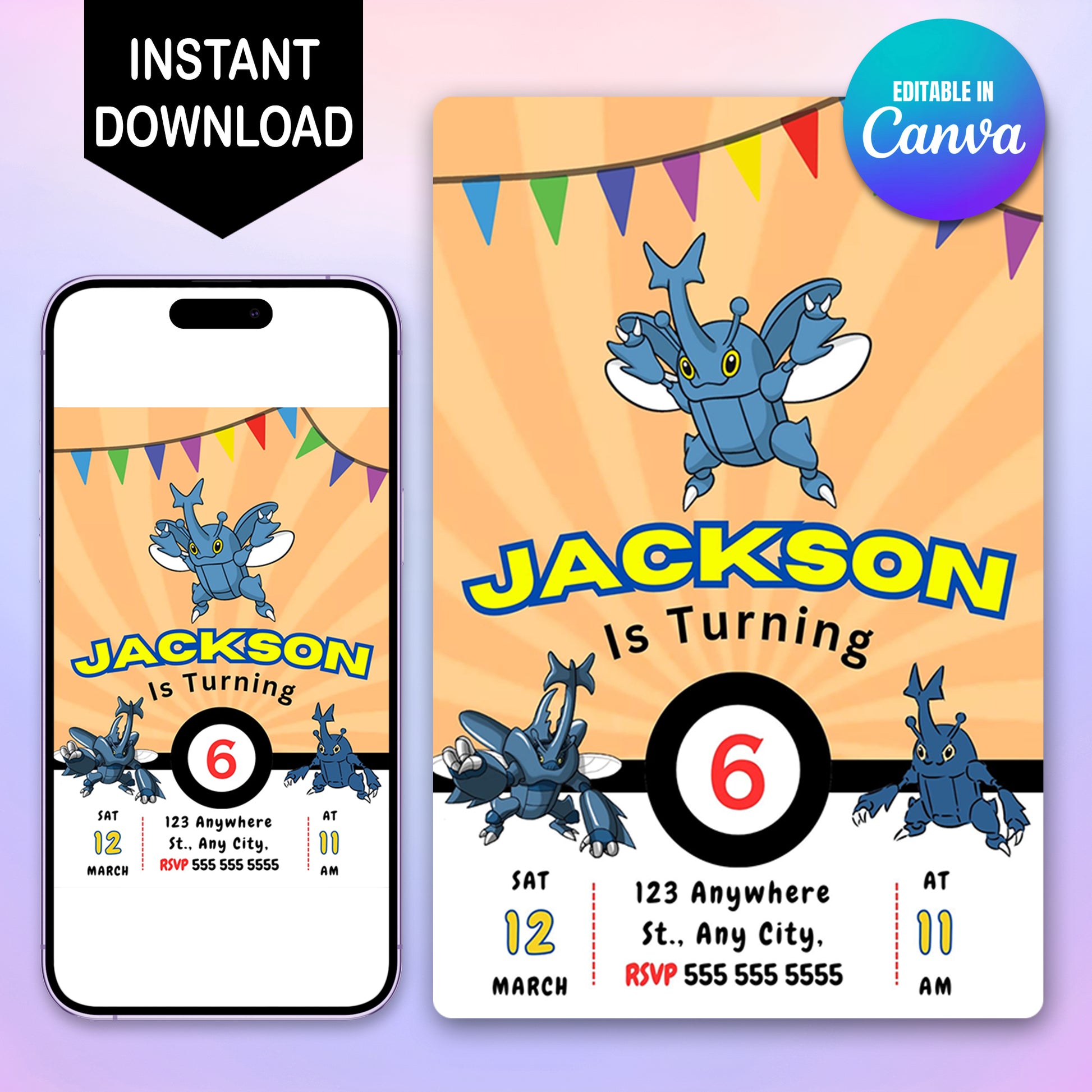 Heracross Pokemon Birthday Party Invitation Template - CreativeRino