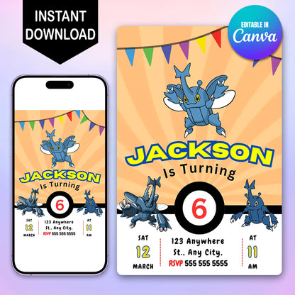 Heracross Pokemon Birthday Party Invitation Template - CreativeRino