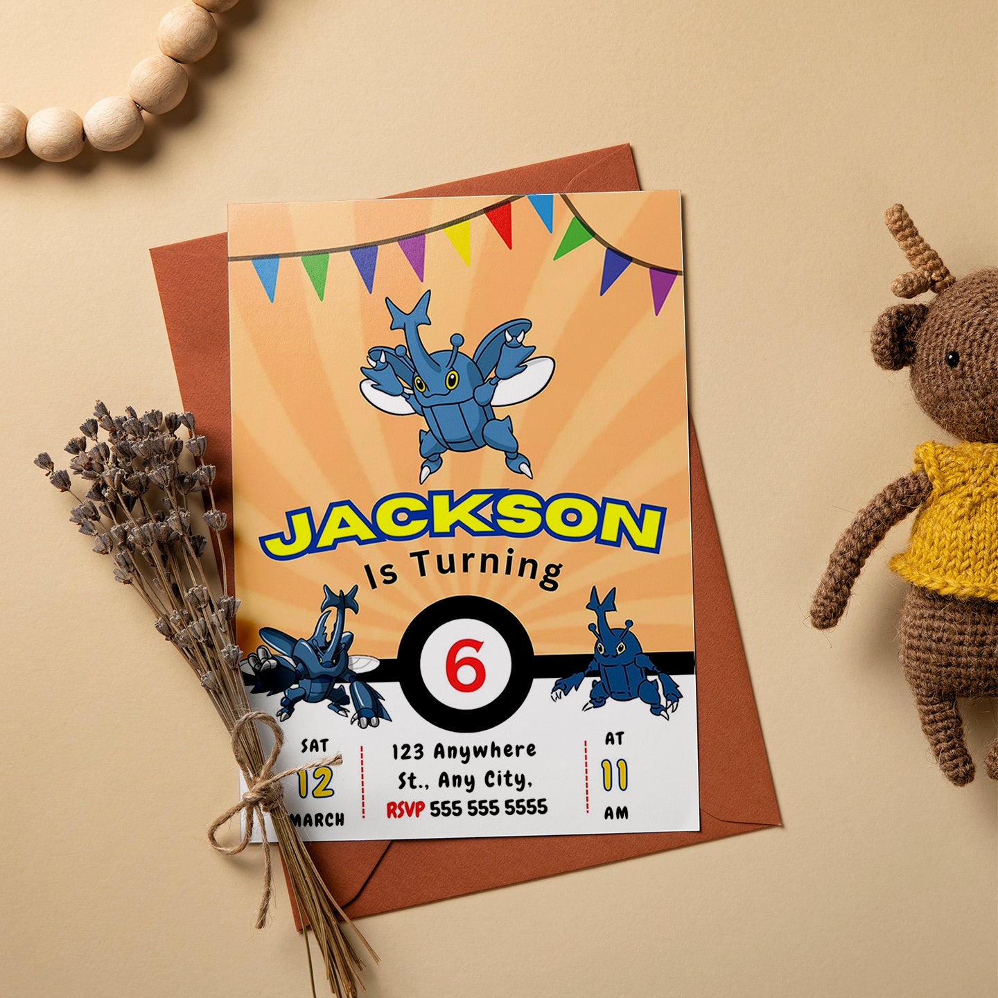 Heracross Pokemon Birthday Party Invitation Template - CreativeRino