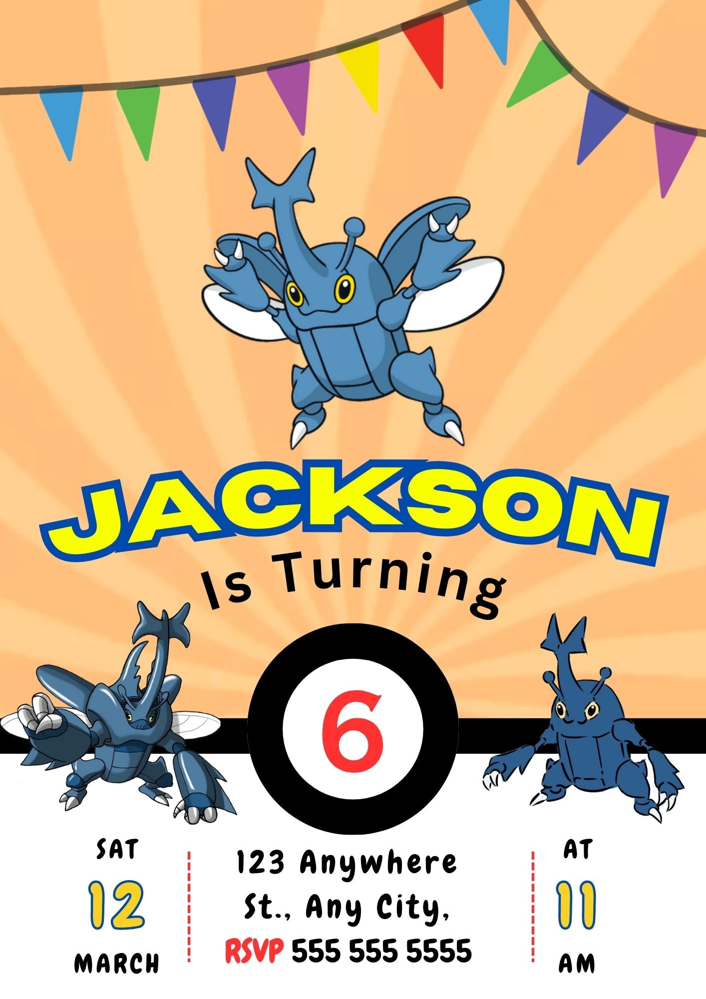 Heracross Pokemon Birthday Party Invitation Template - CreativeRino