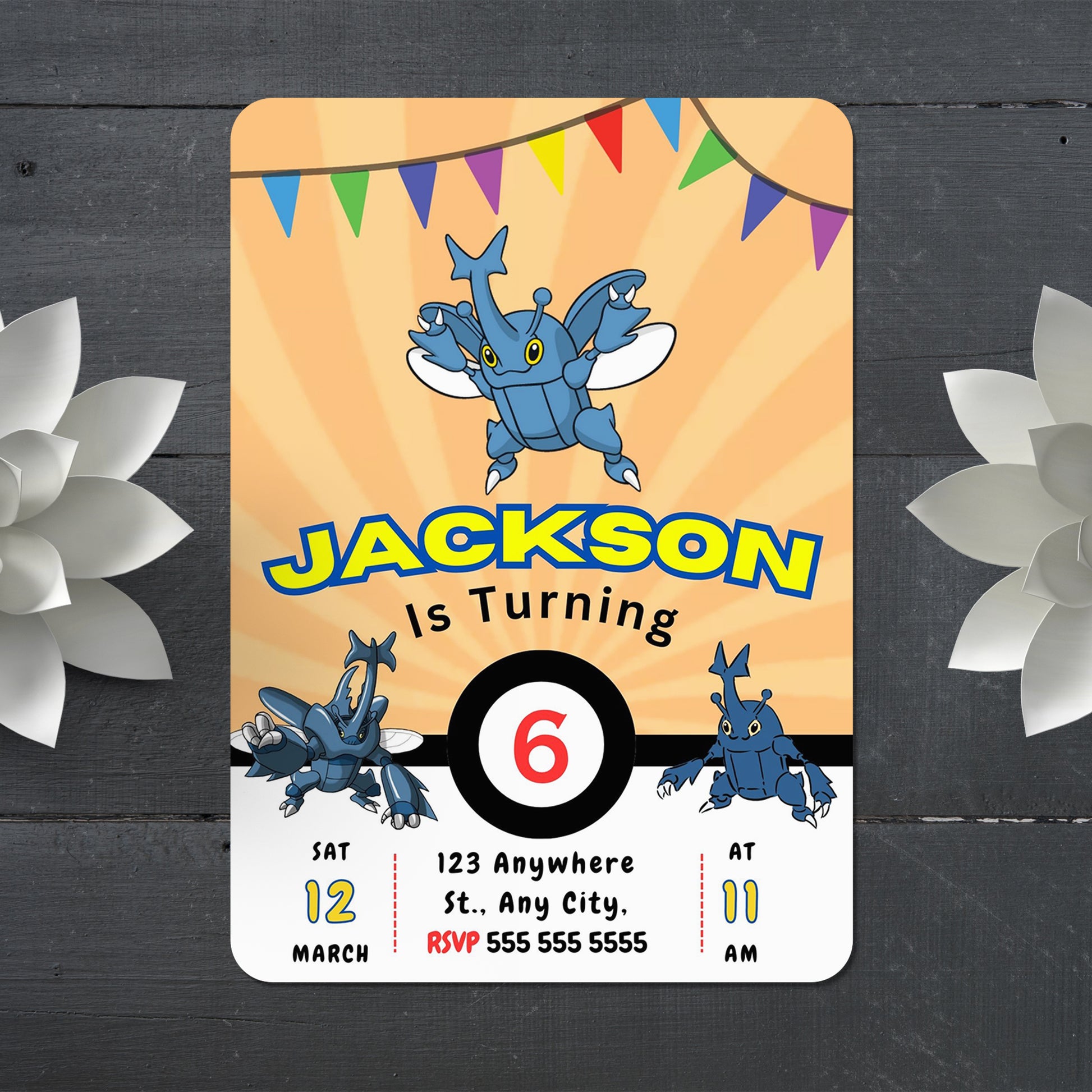 Heracross Pokemon Birthday Party Invitation Template - CreativeRino