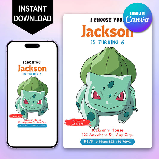 Bulbasaur Birthday Party Invitation Template | Pokemon Invite - CreativeRino