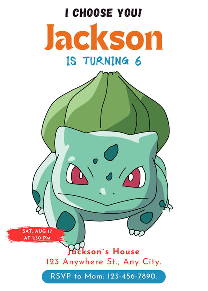 Bulbasaur Birthday Party Invitation Template | Pokemon Invite - CreativeRino