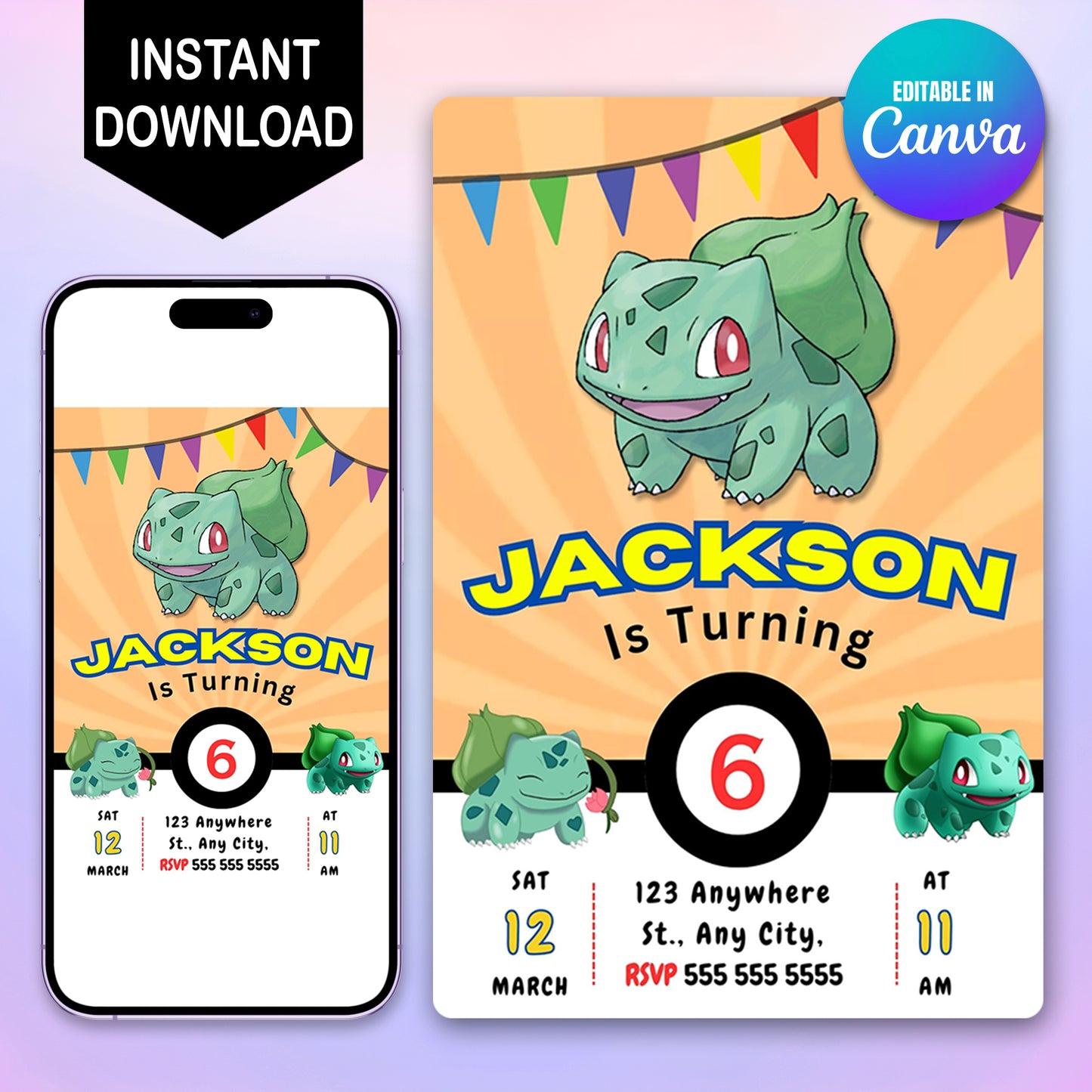Bulbasaur Pokemon Birthday Party Invitation Template - CreativeRino
