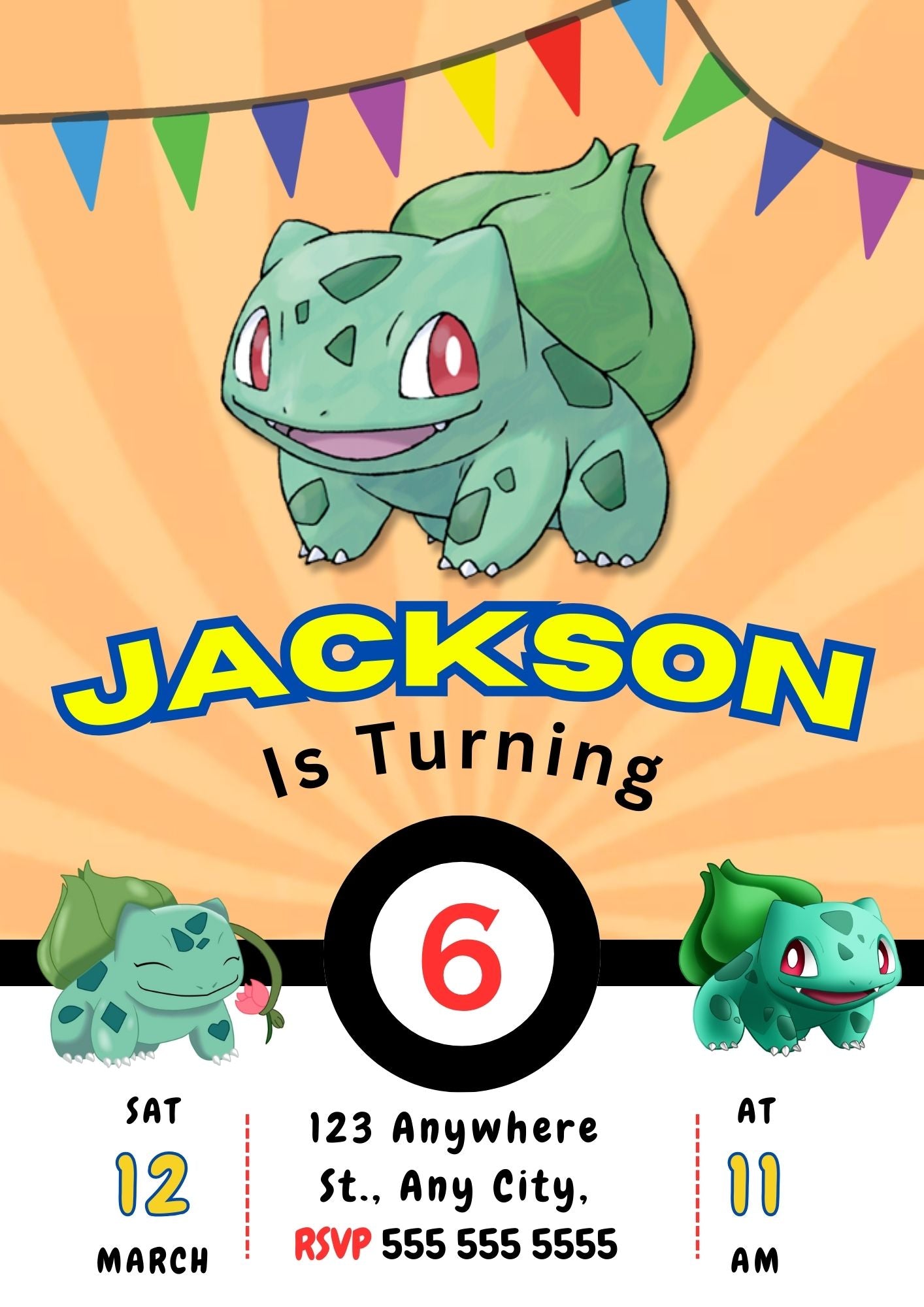 Bulbasaur Pokemon Birthday Party Invitation Template - CreativeRino