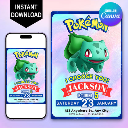 Bulbasaur Invitation Template | Pokemon Birthday Invite - CreativeRino