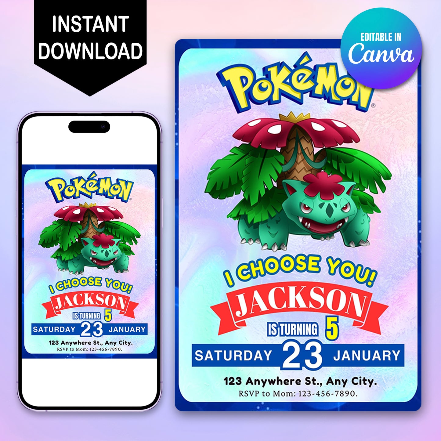 Venusaur Invitation Template | Pokemon Birthday Invite - CreativeRino